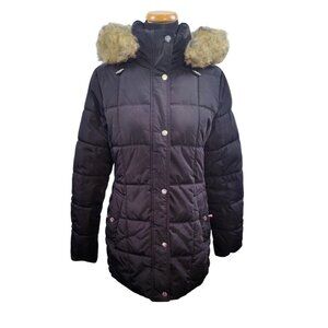 Tommy Hilfiger Black Faux Fur Quilted Puffer Jacket Coat Parka With Hood Size M